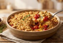 So bereiten Sie herzhafte Kirschtomaten-Crumble mit Feta und Kräutern der Provence zu